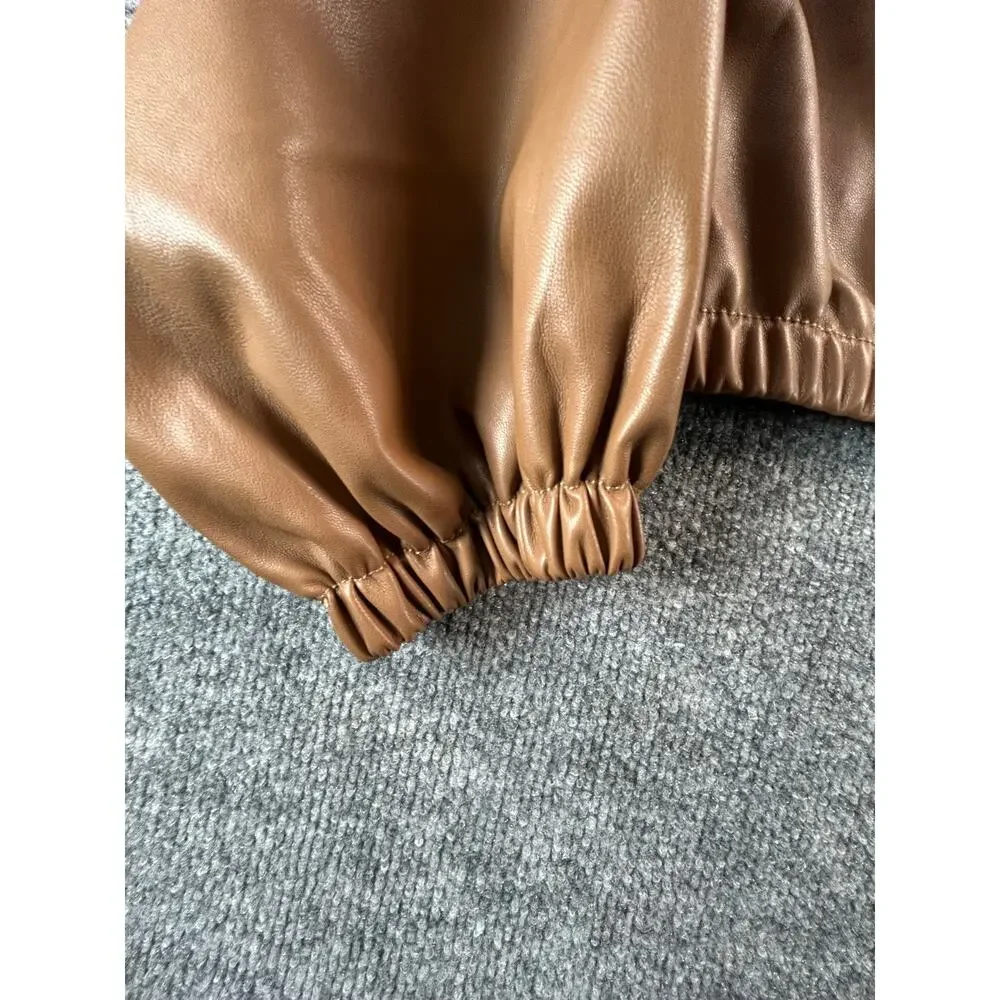 Cisono Women's XL Brown Faux Leather Cropped Jacket Balloon Sleeve Vegan Leather - Picture 8 of 9